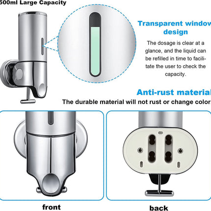 Soap dispenser - Wall-mounted soap dispenser - Soap dispenser - 500ml pump - Suspended - Brushed stainless steel - Bathroom - Toilet - Shower - Black.