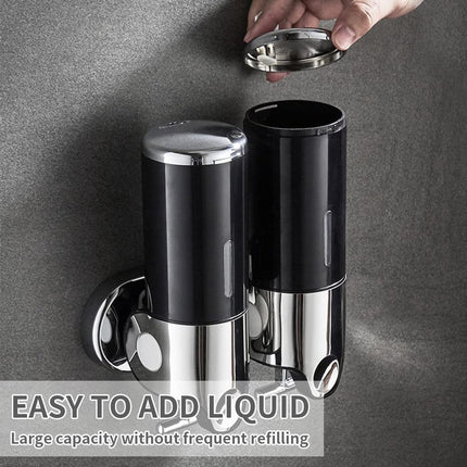 Soap dispenser - Wall-mounted soap dispenser - Soap dispenser - 500ml pump - Suspended - Brushed stainless steel - Bathroom - Toilet - Shower - Black.
