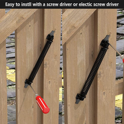 Door closer - Door spring - 36 cm - Outdoor door closer - Gate locks - Garden gate spring - Black - Carbon steel - For wooden fence gates - With mounting accessories.