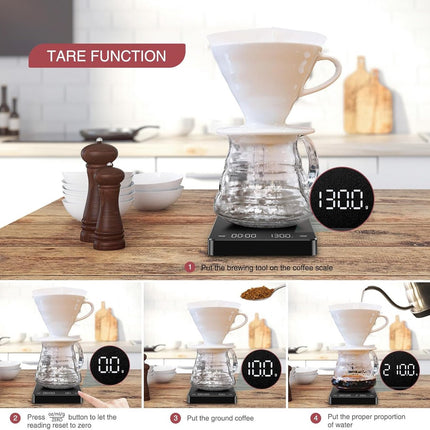 Coffee Scale - Digital Coffee Scale with Timer - Rechargeable for Filter Coffee, 3 kg / 0 g Digital Espresso Scale - with Peeling Function - 3 Units, LED Display - Black.