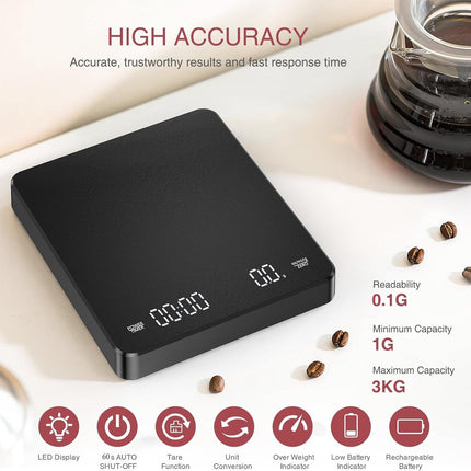 Coffee Scale - Digital Coffee Scale with Timer - Rechargeable for Filter Coffee, 3 kg / 0 g Digital Espresso Scale - with Peeling Function - 3 Units, LED Display - Black.