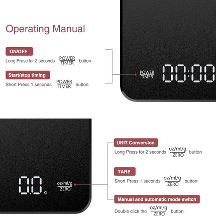 Coffee Scale - Digital Coffee Scale with Timer - Rechargeable for Filter Coffee, 3 kg / 0 g Digital Espresso Scale - with Peeling Function - 3 Units, LED Display - Black.