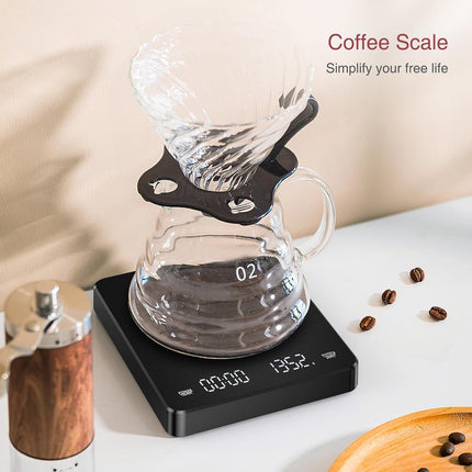 Coffee Scale - Digital Coffee Scale with Timer - Rechargeable for Filter Coffee, 3 kg / 0 g Digital Espresso Scale - with Peeling Function - 3 Units, LED Display - Black.