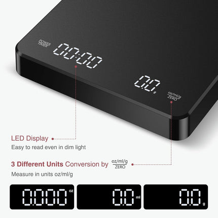 Coffee Scale - Digital Coffee Scale with Timer - Rechargeable for Filter Coffee, 3 kg / 0 g Digital Espresso Scale - with Peeling Function - 3 Units, LED Display - Black.