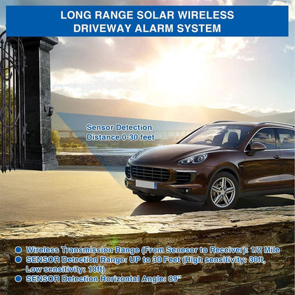 Driveway alarm - Entry detector - Solar driveway alarm - Motion detector - Wireless = Security - Wireless solar driveway alarm - Motion detector - Doorbell - DIY security system - (1 sensor and 2 doorbells).