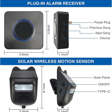 Driveway alarm - Entry detector - Solar driveway alarm - Motion detector - Wireless = Security - Wireless solar driveway alarm - Motion detector - Doorbell - DIY security system - (1 sensor and 2 doorbells).
