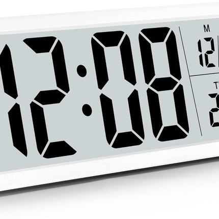 Battery-operated digital wall clock with large numbers, temperature display, 12/24 hour format for office, living room, bedroom, school.