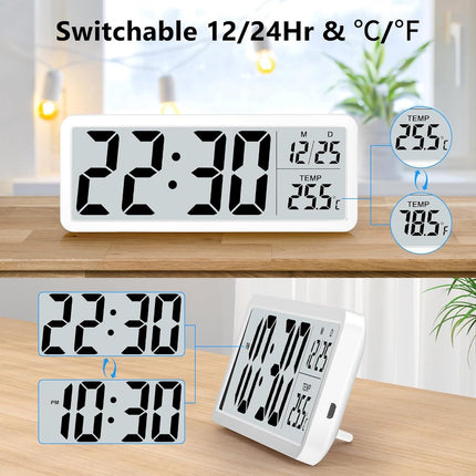 Battery-operated digital wall clock with large numbers, temperature display, 12/24 hour format for office, living room, bedroom, school.
