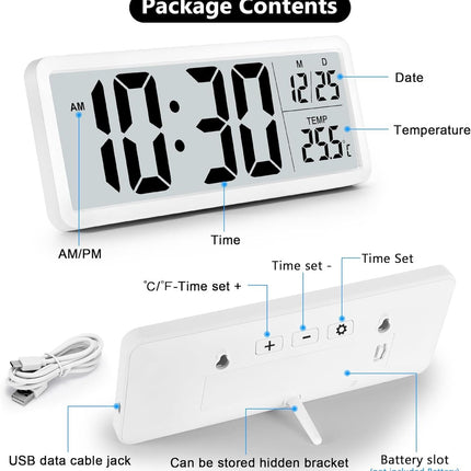 Battery-operated digital wall clock with large numbers, temperature display, 12/24 hour format for office, living room, bedroom, school.