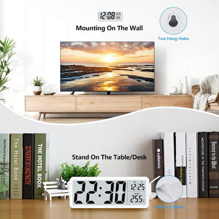 Battery-operated digital wall clock with large numbers, temperature display, 12/24 hour format for office, living room, bedroom, school.