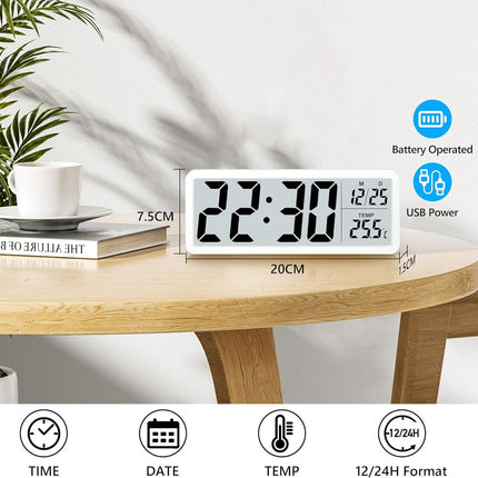Battery-operated digital wall clock with large numbers, temperature display, 12/24 hour format for office, living room, bedroom, school.