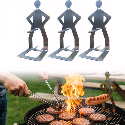 BBQ Stainless Steel Sausage Holder, 3 Pieces, Portable Standing Man Stand, Fun Fork for Camping, Picnic, Garden, Kitchen, BBQ, Gifts for Men.