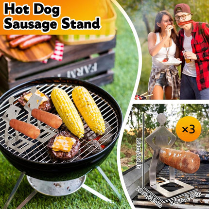 BBQ Stainless Steel Sausage Holder, 3 Pieces, Portable Standing Man Stand, Fun Fork for Camping, Picnic, Garden, Kitchen, BBQ, Gifts for Men.