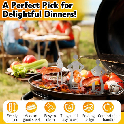 BBQ Stainless Steel Sausage Holder, 3 Pieces, Portable Standing Man Stand, Fun Fork for Camping, Picnic, Garden, Kitchen, BBQ, Gifts for Men.