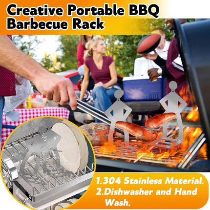 BBQ Stainless Steel Sausage Holder, 3 Pieces, Portable Standing Man Stand, Fun Fork for Camping, Picnic, Garden, Kitchen, BBQ, Gifts for Men.