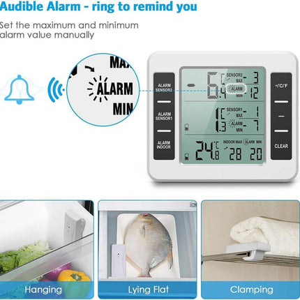 Thermometer - thermometers - indoor thermometer - freezer thermometer - freezer thermometer - digital hygrometer - with 2 sensors - for freezer with temperature alarm, MIN/MAX, temperature trend arrow display.