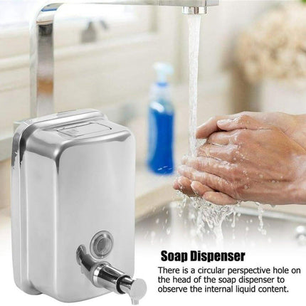 Durable commercial wall-mounted stainless steel soap dispenser with a large capacity for hand soap, rust-resistant design, perfect for bathrooms, hotels, restaurants or homes (brushed silver).