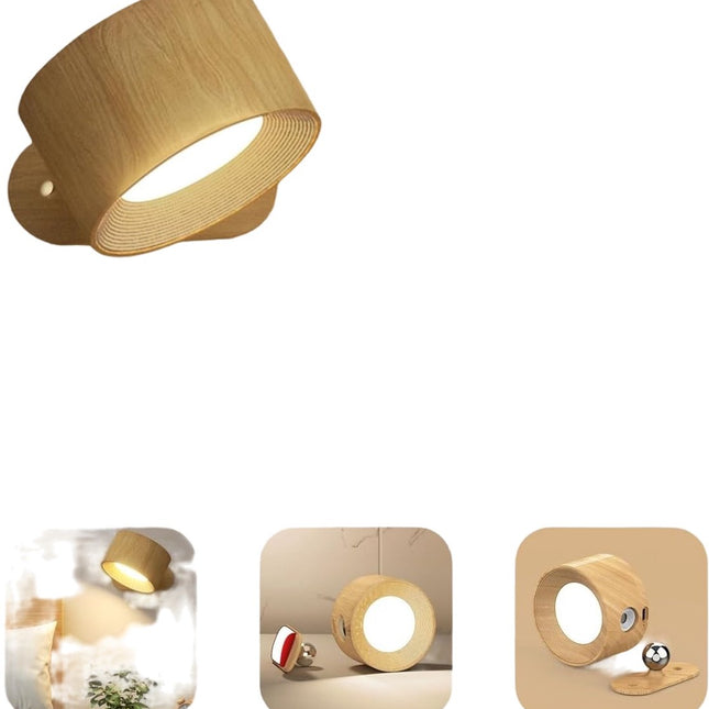 Night light - Indoor wall light - Rechargeable wall light - Children's night light - Wall light with 1 battery - Touch control with 3 brightness levels - 360° rotation - For living room, bedroom, staircase - Wood grain.