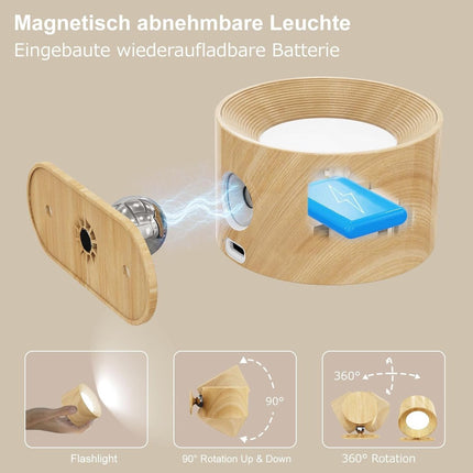 Night light - Indoor wall light - Rechargeable wall light - Children's night light - Wall light with 1 battery - Touch control with 3 brightness levels - 360° rotation - For living room, bedroom, staircase - Wood grain.