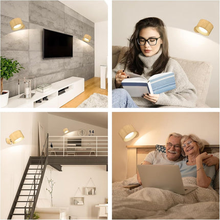 Night light - Indoor wall light - Rechargeable wall light - Children's night light - Wall light with 1 battery - Touch control with 3 brightness levels - 360° rotation - For living room, bedroom, staircase - Wood grain.