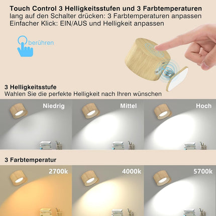 Night light - Indoor wall light - Rechargeable wall light - Children's night light - Wall light with 1 battery - Touch control with 3 brightness levels - 360° rotation - For living room, bedroom, staircase - Wood grain.