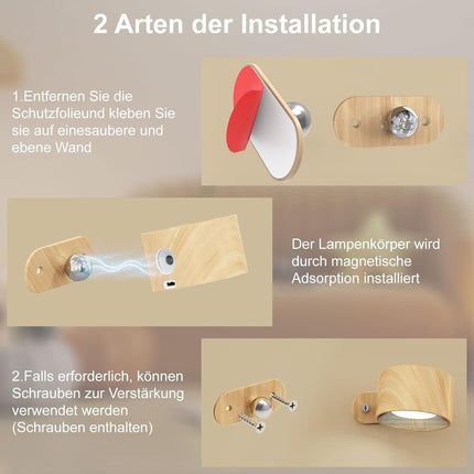 Night light - Indoor wall light - Rechargeable wall light - Children's night light - Wall light with 1 battery - Touch control with 3 brightness levels - 360° rotation - For living room, bedroom, staircase - Wood grain.