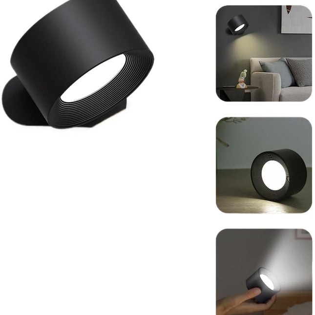 Lamp - Indoor wall light - LED wall light - Night light for adults - Battery operated wall light (1 piece) - Touch control with 3 brightness levels - 360° rotation - For living room, bedroom, staircase - Black.