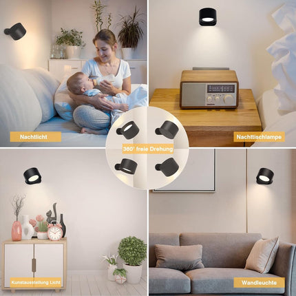 Lamp - Indoor wall light - LED wall light - Night light for adults - Battery operated wall light (1 piece) - Touch control with 3 brightness levels - 360° rotation - For living room, bedroom, staircase - Black.