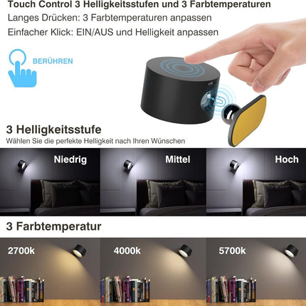 Lamp - Indoor wall light - LED wall light - Night light for adults - Battery operated wall light (1 piece) - Touch control with 3 brightness levels - 360° rotation - For living room, bedroom, staircase - Black.
