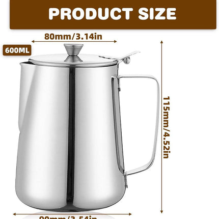 Milk Jug - Barista Latte Artisan Accessories with Lid - 600ml Milk Jug - Stainless Steel Milk Jug with Lid - Milk Frothing Jug - Coffee Milk Jug with Cup - Suitable for Cappuccino, Espresso, and Barista Use.