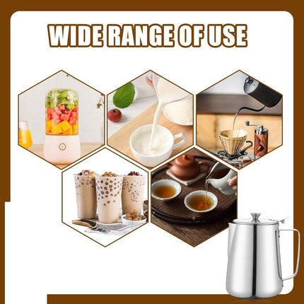 Milk Jug - Barista Latte Artisan Accessories with Lid - 600ml Milk Jug - Stainless Steel Milk Jug with Lid - Milk Frothing Jug - Coffee Milk Jug with Cup - Suitable for Cappuccino, Espresso, and Barista Use.