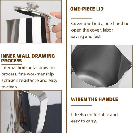 Milk Jug - Barista Latte Artisan Accessories with Lid - 600ml Milk Jug - Stainless Steel Milk Jug with Lid - Milk Frothing Jug - Coffee Milk Jug with Cup - Suitable for Cappuccino, Espresso, and Barista Use.