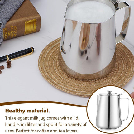 Milk Jug - Barista Latte Artisan Accessories with Lid - 600ml Milk Jug - Stainless Steel Milk Jug with Lid - Milk Frothing Jug - Coffee Milk Jug with Cup - Suitable for Cappuccino, Espresso, and Barista Use.