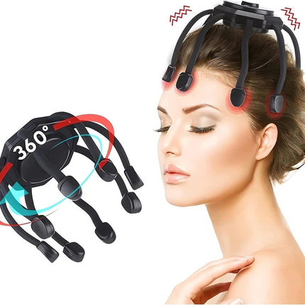 The head massager features 3 vibrating contacts, is ultra-rechargeable, and has a removable head attachment. Suitable for pain and anxiety relief, stress reduction, relaxation, and deep sleep..