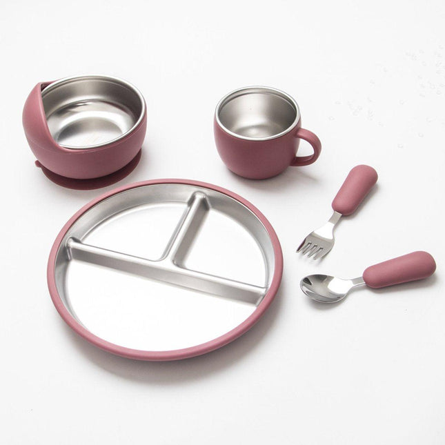 5-Piece Set - Children's Plate - Baby Plate in Stainless Steel - BPA-Free - Non-Slip - Unbreakable - Removable - Suitable for Children 1-3 Years Old - Includes Plate, Bowl, Cup, Fork, Spoon - Pink.