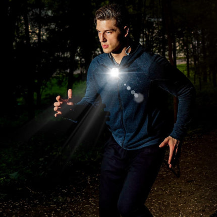 Clip-on outdoor running light, LED flashlight, USB rechargeable, reflective plastic safety light, accessory for running/training/racing..
