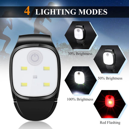 Clip-on outdoor running light, LED flashlight, USB rechargeable, reflective plastic safety light, accessory for running/training/racing..
