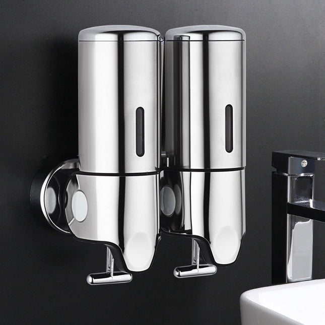 2-in-1 Soap Dispenser - Liquid Dispenser - 2 x 500 ml - 2 Reservoirs - Wall Mounted - Kitchen - Bathroom - Shower - Stainless Steel - 25 x 18.5 x 9 cm - Silver - Hanging Soap Dispenser.