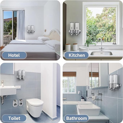 2-in-1 Soap Dispenser - Liquid Dispenser - 2 x 500 ml - 2 Reservoirs - Wall Mounted - Kitchen - Bathroom - Shower - Stainless Steel - 25 x 18.5 x 9 cm - Silver - Hanging Soap Dispenser.