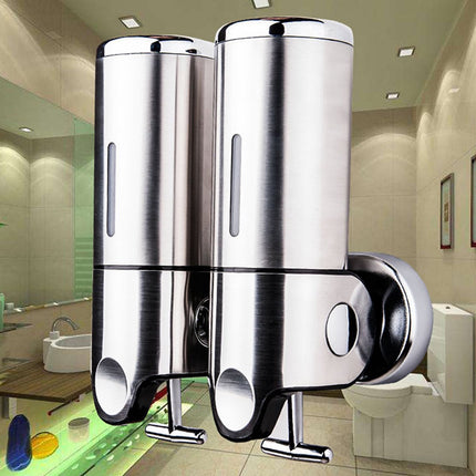 2-in-1 Soap Dispenser - Liquid Dispenser - 2 x 500 ml - 2 Reservoirs - Wall Mounted - Kitchen - Bathroom - Shower - Stainless Steel - 25 x 18.5 x 9 cm - Silver - Hanging Soap Dispenser.