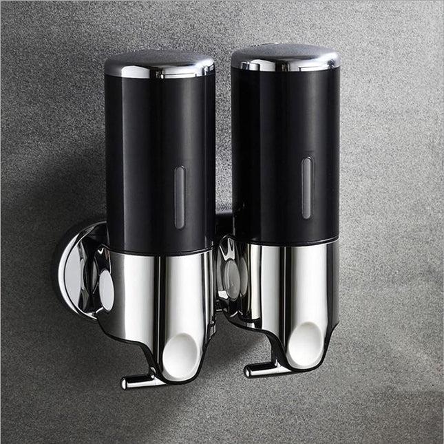 Soap Dispenser - 2 in 1 Liquid Dispenser - Liquid Dispenser - 2 x 500 ml - Wall Mounted Soap Dispenser - Kitchen - Bathroom - Shower - 24.1 x 21.6 x 10 cm - Black.