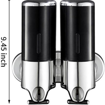 Soap Dispenser - 2 in 1 Liquid Dispenser - Liquid Dispenser - 2 x 500 ml - Wall Mounted Soap Dispenser - Kitchen - Bathroom - Shower - 24.1 x 21.6 x 10 cm - Black.