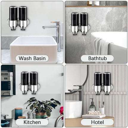 Soap Dispenser - 2 in 1 Liquid Dispenser - Liquid Dispenser - 2 x 500 ml - Wall Mounted Soap Dispenser - Kitchen - Bathroom - Shower - 24.1 x 21.6 x 10 cm - Black.