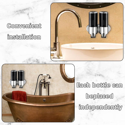 Soap Dispenser - 2 in 1 Liquid Dispenser - Liquid Dispenser - 2 x 500 ml - Wall Mounted Soap Dispenser - Kitchen - Bathroom - Shower - 24.1 x 21.6 x 10 cm - Black.