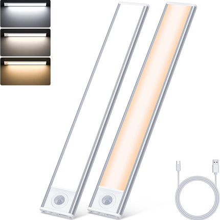 20cm LED Under Cabinet Lighting with Motion Detector - Rechargeable - 3 Colour Temperatures and Infinite Dimming, Dimmable Cabinet Lighting with 3 Modes, Sensor LED Lighting for Cabinets, Kitchens, Stairs (2 Pieces).