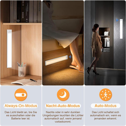 20cm LED Under Cabinet Lighting with Motion Detector - Rechargeable - 3 Colour Temperatures and Infinite Dimming, Dimmable Cabinet Lighting with 3 Modes, Sensor LED Lighting for Cabinets, Kitchens, Stairs (2 Pieces).