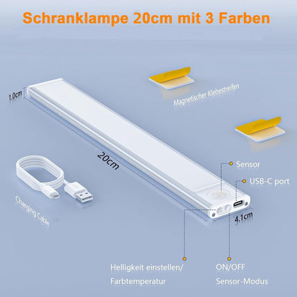 20cm LED Under Cabinet Lighting with Motion Detector - Rechargeable - 3 Colour Temperatures and Infinite Dimming, Dimmable Cabinet Lighting with 3 Modes, Sensor LED Lighting for Cabinets, Kitchens, Stairs (2 Pieces).