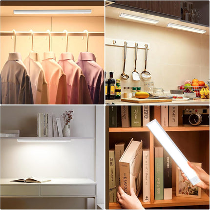 20cm LED Under Cabinet Lighting with Motion Detector - Rechargeable - 3 Colour Temperatures and Infinite Dimming, Dimmable Cabinet Lighting with 3 Modes, Sensor LED Lighting for Cabinets, Kitchens, Stairs (2 Pieces).
