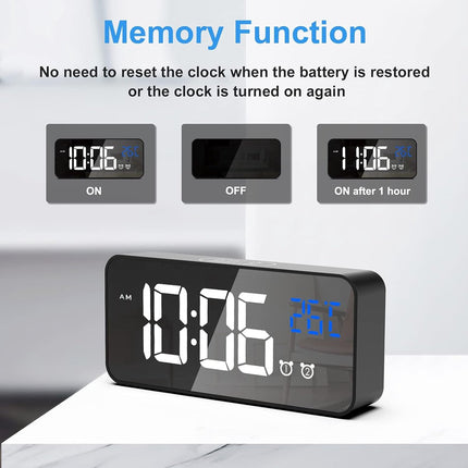 Digital alarm clock, LED digital clock with temperature display, portable mirror alarm clock, 13 alarm tones, USB rechargeable, 4 brightness settings and adjustable volume, 12/24 hour display.