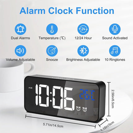 Digital alarm clock, LED digital clock with temperature display, portable mirror alarm clock, 13 alarm tones, USB rechargeable, 4 brightness settings and adjustable volume, 12/24 hour display.